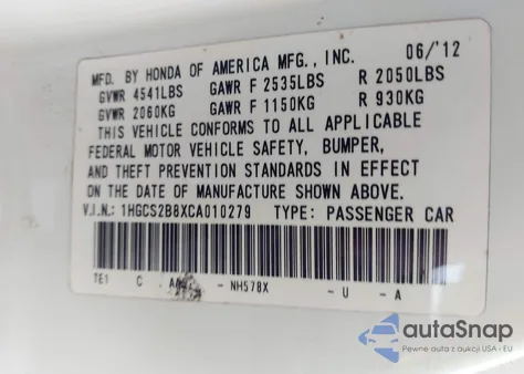 2012 Honda Accord 3.5 Ex-L z USA, uszkodzony, nr VIN 1HGCS2B8XCA010279